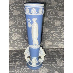 German Vintage Jasperware Blue & White Vase Woman